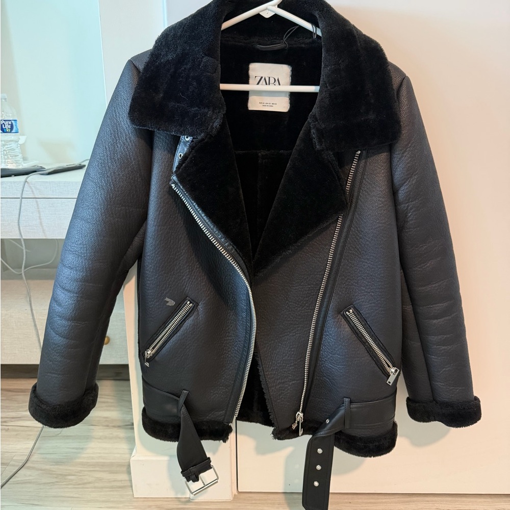 Zara Black Faux Leather Aviator Jacket with Shearling Trim